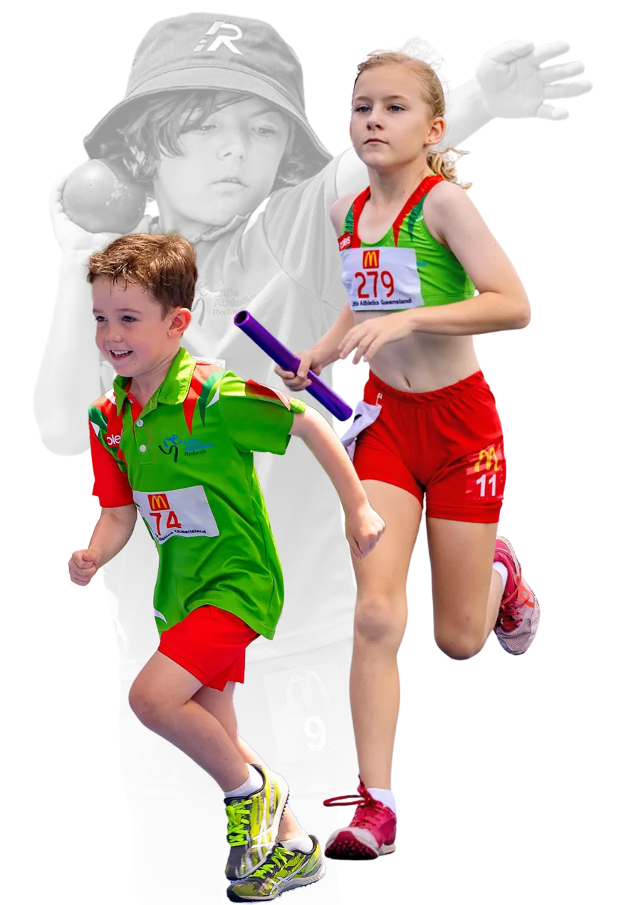 Composite image of young athletes from Little Athletics Queensland, including a smiling boy running, a girl with a baton mid-stride, and a grayscale image of a child preparing to throw a shot put.