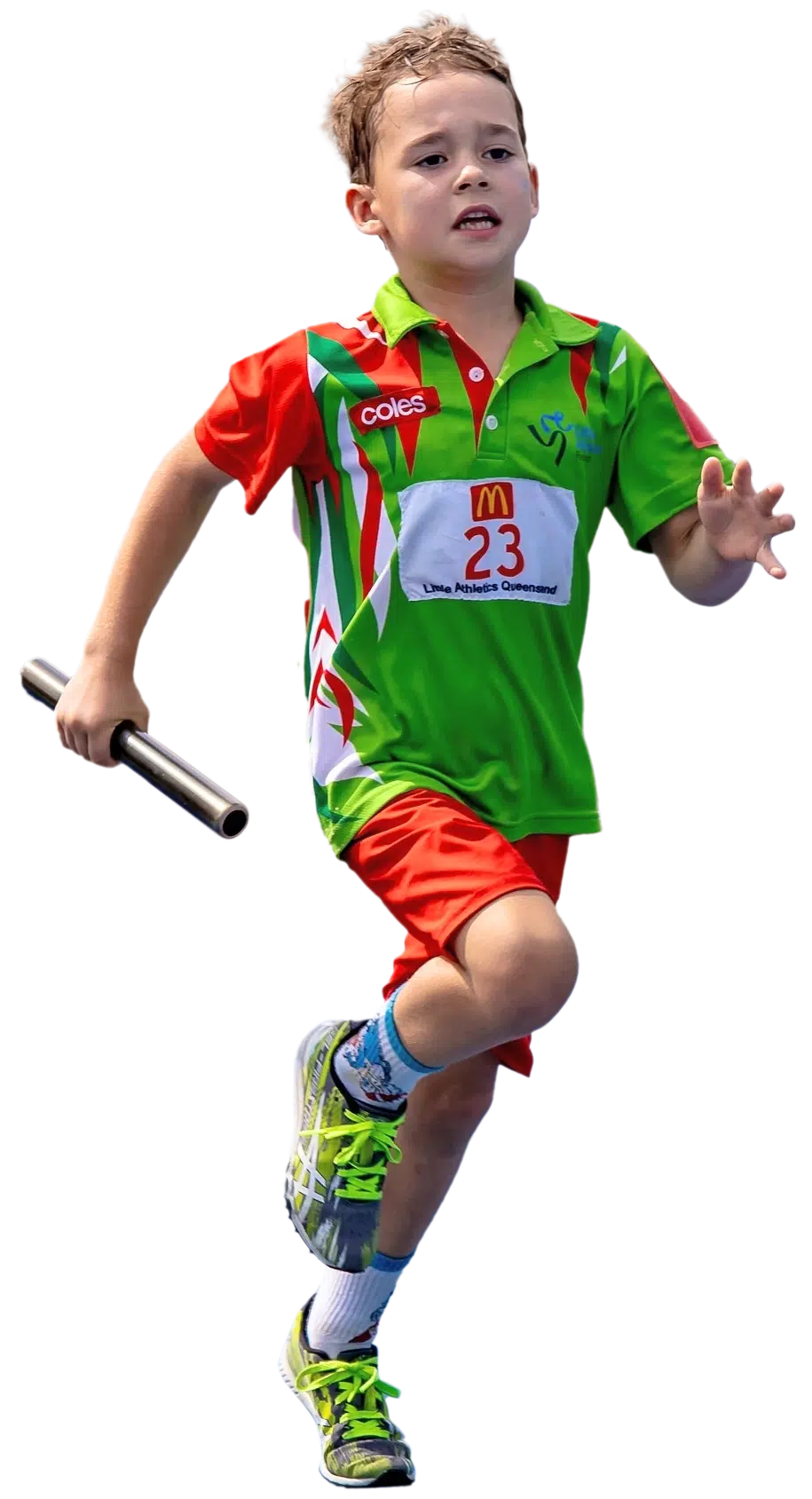 Young boy running in a relay race, wearing a colorful Little Athletics Queensland uniform and holding a baton.