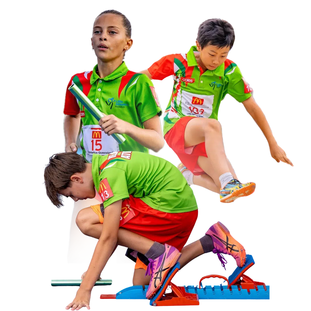 Young athletes participating in a track and field relay event; one boy in color prepares at the starting blocks while two others, shown in black and white, are mid-race—one running with a baton and the other jumping.